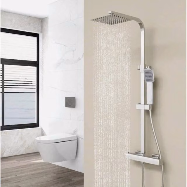 PAWNORA Silver Square Bar Shower Mixer Set with Thermostat and Hand Shower – 1