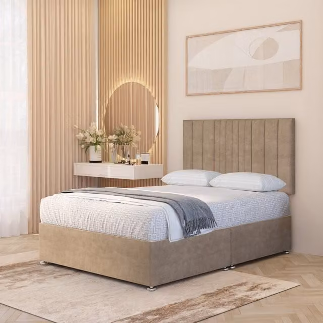 Somnior Beds Ltd Arizona Plush Velvet Orthopaedic Divan Bed Set with Hybrid Mattress and 32 inch Headboard, Beige, W/D/H: 90 x 190 cm