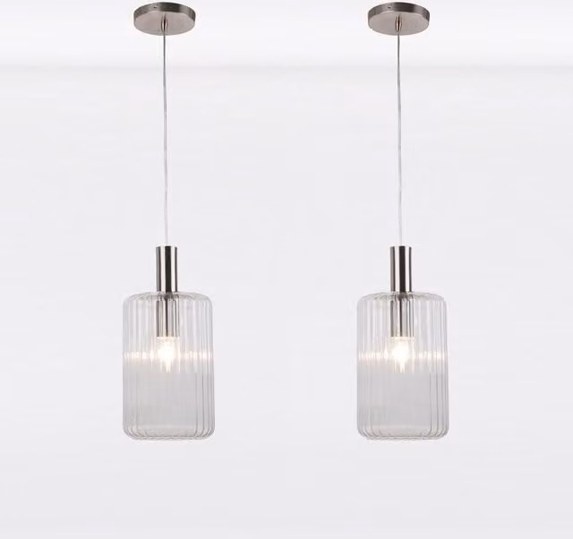 First Choice Lighting Set of 2 Fluted Glass Pendant Fittings in Transparent and Brushed Chrome
