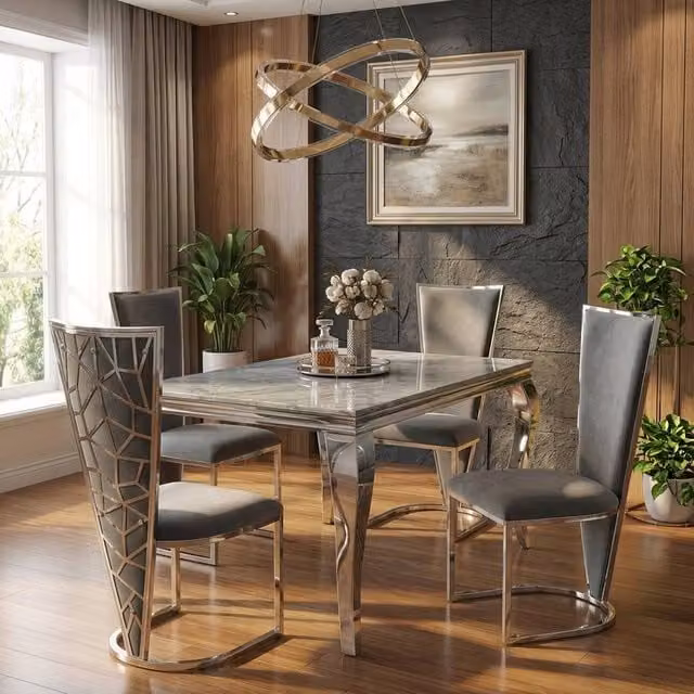 Home Luxe Interior Marble Dining Table and 4 Vienna Silver Grey Velvet Chairs Set, W: 120 cm