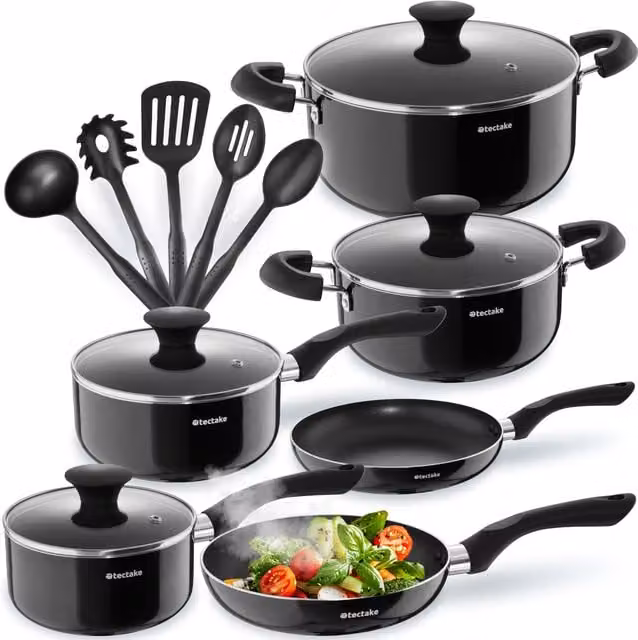 tectake Varese 15-Piece Non-Stick Pan Set in Black with Saucepan, Frying Pan and Glass Lids