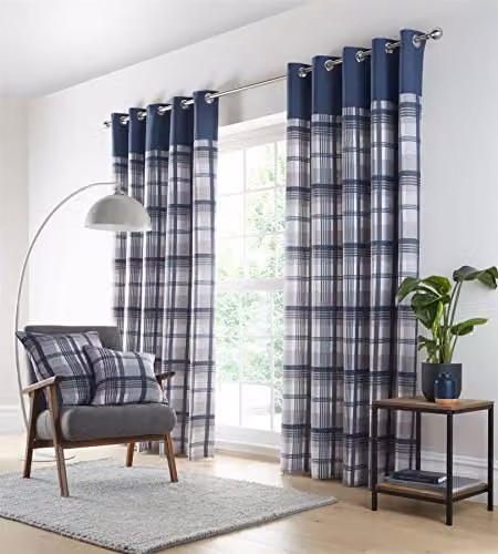 Portfolio Home Orleans Blue Tartan Check Modern Eyelet Ring Top Curtain Pair – 1