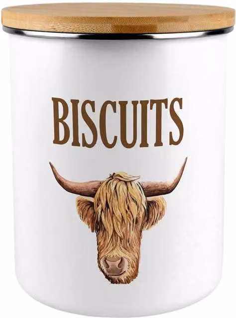 Purely Home Highland Cow Extra Large Metal Biscuit Tin in Brown and White