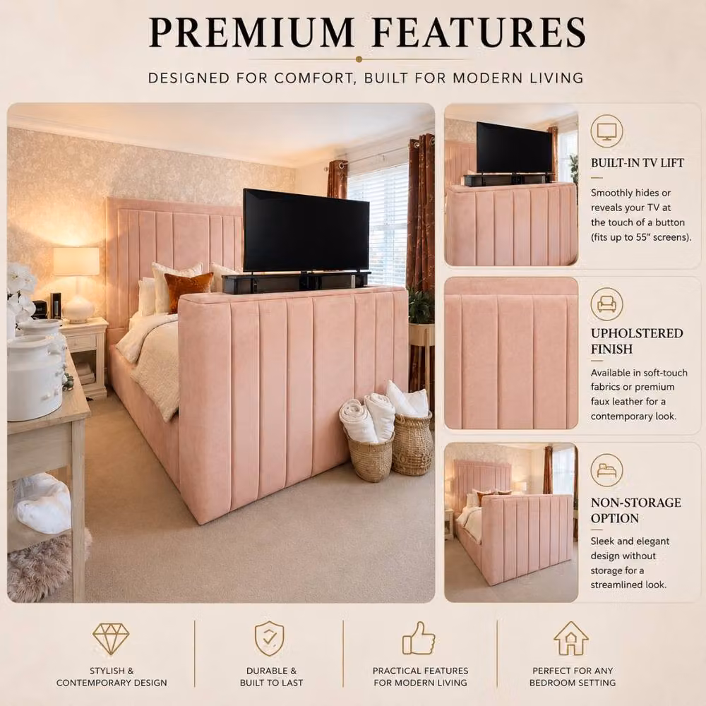 Stratus Interiors Modern Lined Pink Upholstered TV Panel Bed with Integrated TV Lift, Super King Size – 2