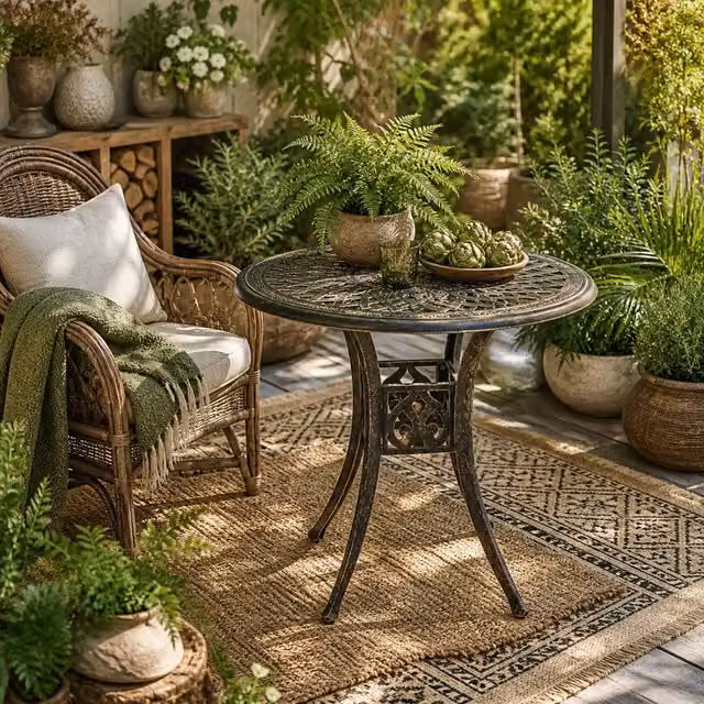 Wyld Haus Kenofa Round Cast Aluminium Garden Dining Table with Parasol Hole in Antique Bronze – 1