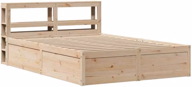 Berkfield Home Rustic Solid Wood Pine Bed Frame with Headboard and Bedside Shelves, Beige, W/D/H: 140 x 190 cm