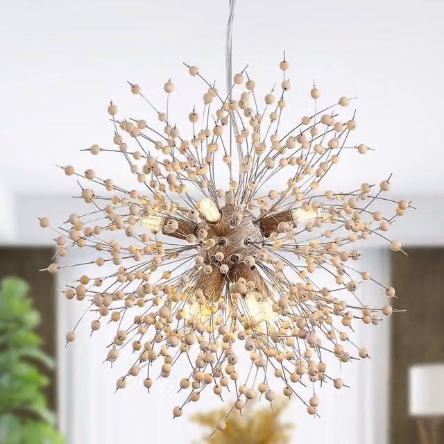 Garwarm 8-Light Dandelion Chandelier with Brown Wooden Beads and Adjustable Height – 1