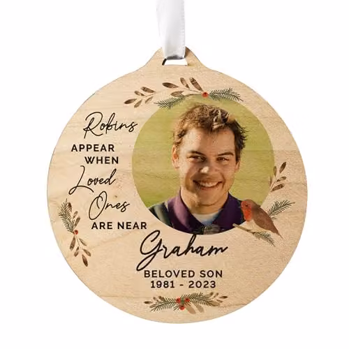 Personalised Memento Company Brown Wooden Robin Memorial Christmas Bauble with Custom Photo and Message – 2
