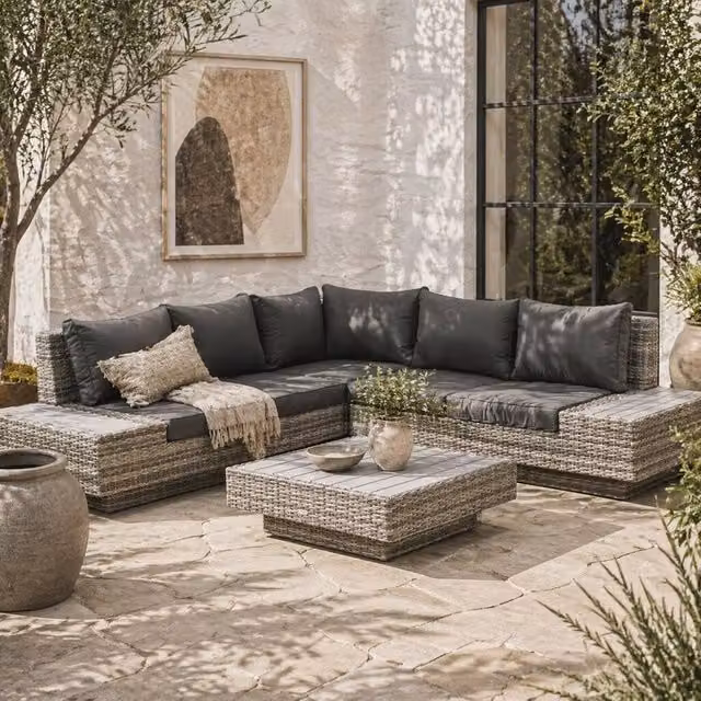 Wyld Haus Vaneno 4 Piece Rattan Outdoor Corner Sofa Set with Coffee Table in Light Grey