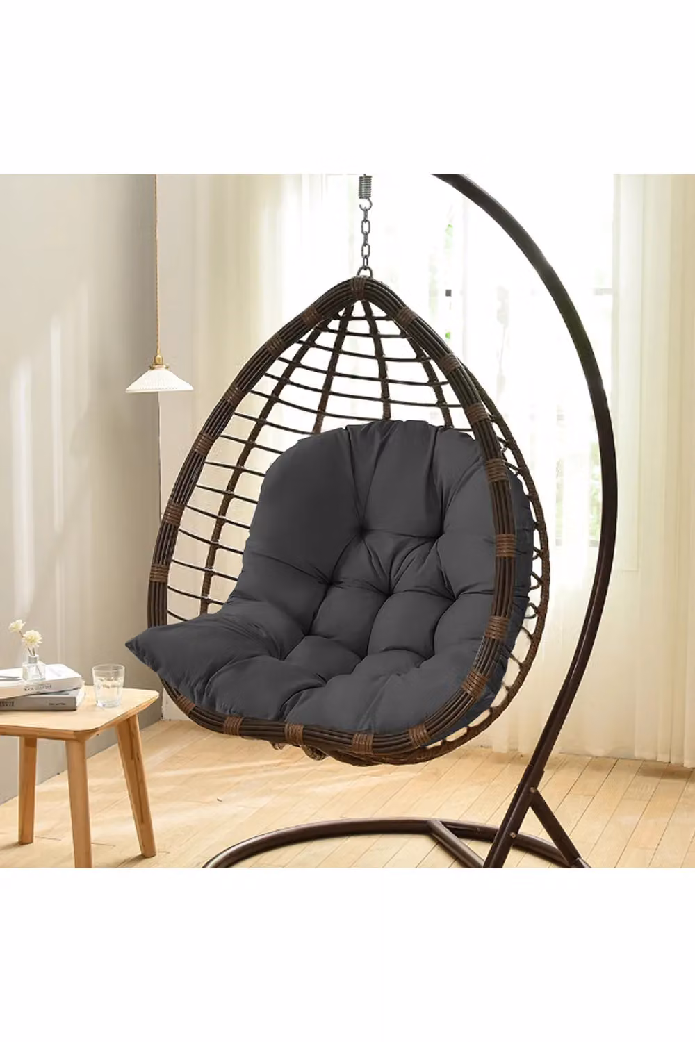 Living and Home Thick Oval Hanging Egg Swing Chair Cushion in Black, W/D/H: 108 x 108 x 80 cm – 2