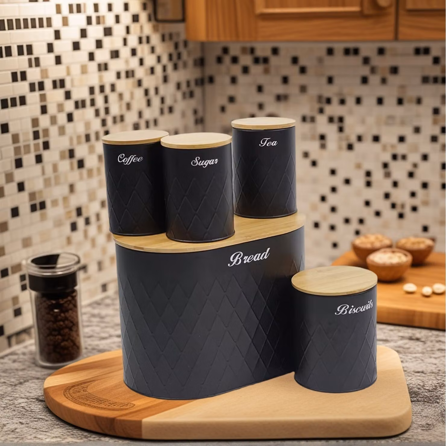 Gr8 Home 5 Piece Black Tea Coffee Sugar and Biscuit Canister Set with Airtight Bamboo Lids – 2
