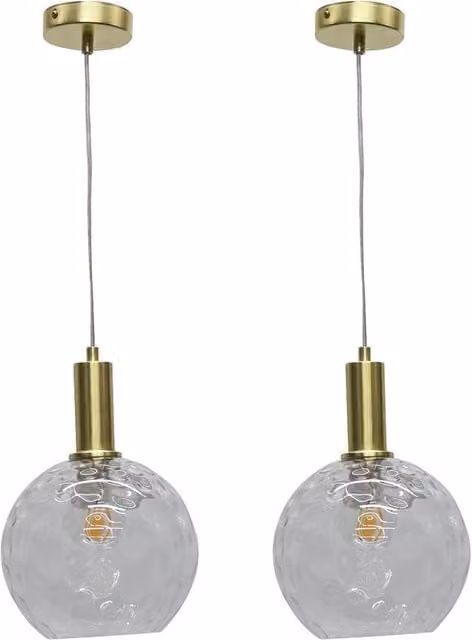 First Choice Lighting Barnum Set of 2 Deco Pendant Lights with Clear Dimple Glass Globes and Satin Brass Finish – 1