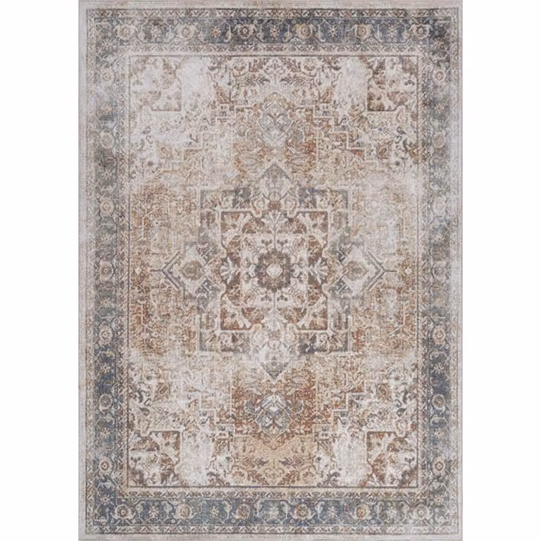 Livabliss Lilian Washable Round Vintage Boho Living and Dining Room Rug in Multicolour Burnt Orange, Brown and Blue, Diameter: 200 cm
