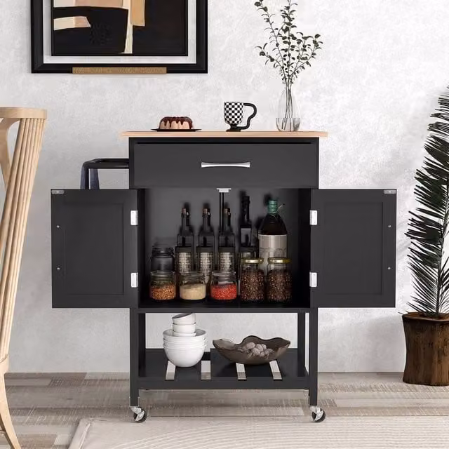 VOGREX Modern Wheeled Kitchen Island Cart with Drawer in Black and Rubberwood