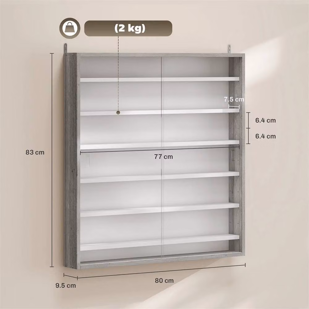 Nordara 7-Tier Wall Mounted Display Cabinet with Glass Doors in Grey, W: 110 cm, D: 35 cm – 2
