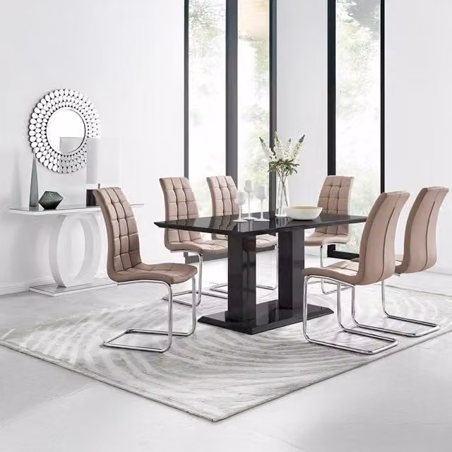 FurnitureboxUK Imperia Black Dining Set with 6 Murano Chairs and Rectangular Table in Cappuccino