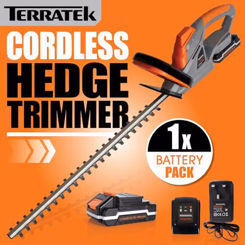 Terratek 20V Cordless Reciprocating Hedge Trimmer with 51cm Blade, Rechargeable Battery and Quick Charger in Orange and Grey – 2