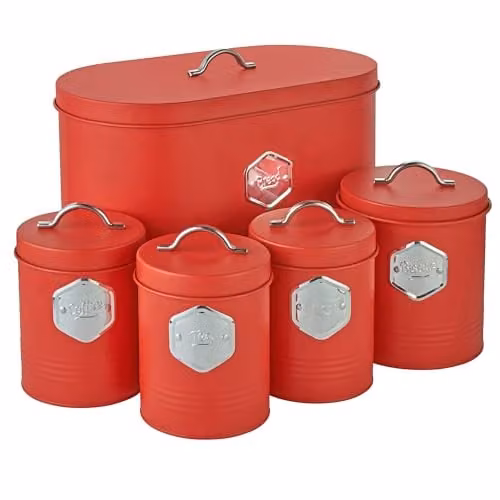 Cooks Professional 5 Piece Airtight Tea Coffee Sugar Bread and Biscuit Canister Set in Red and Silver – 1