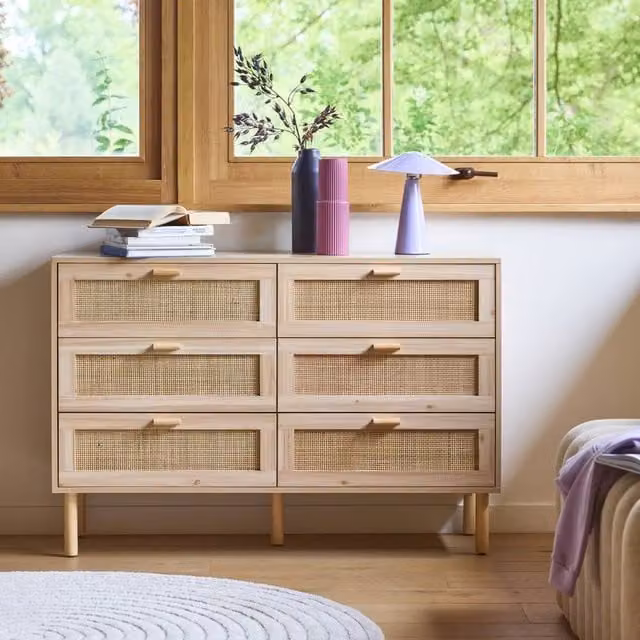 Sweek 6-Drawer Boho Chest with Cane and Wood Effect in Brown and Beige, W/D/H: 120 x 40 x 80 cm