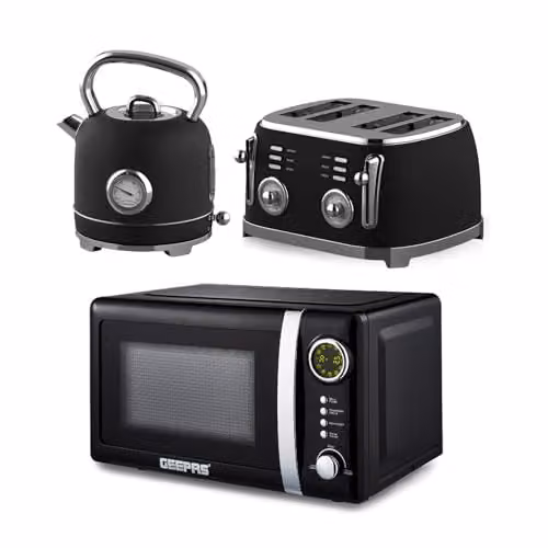 Geepas Retrovive Kitchen Combo Set in Black featuring 1.8L Electric Kettle, 4 Slice Toaster and 20L Digital Microwave Oven – 3