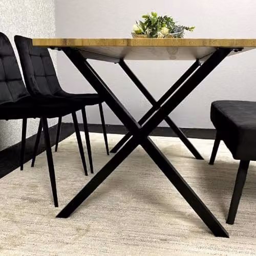 Kosy Koala Modern Dining Table Set with Padded Bench and Black Velvet Chairs, Wood Effect Tabletop with X-Shaped Metal Legs – 3