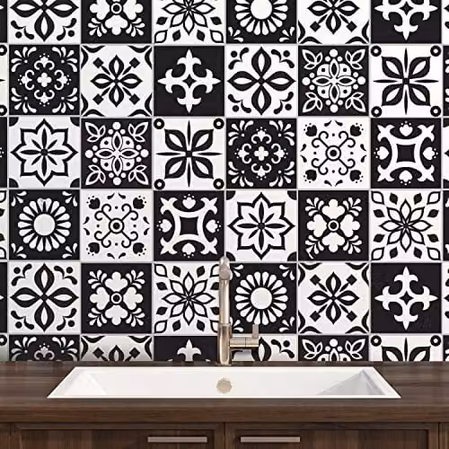 WALPLUS Marjorelle Moroccan Tile Stickers, Black and White Geometric Peel and Stick Self Adhesive Wall Decals, 24 x 15 x 15 cm – 1