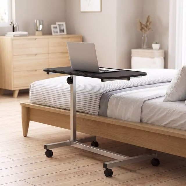 STILVORA Height Adjustable Over Bed Table with Castors in Black – 1