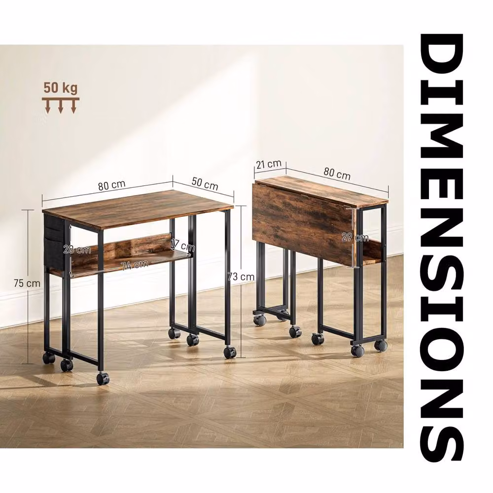 FURNOS Industrial Drop Leaf Extendable Computer Writing Desk with Wheels, Brown – 7