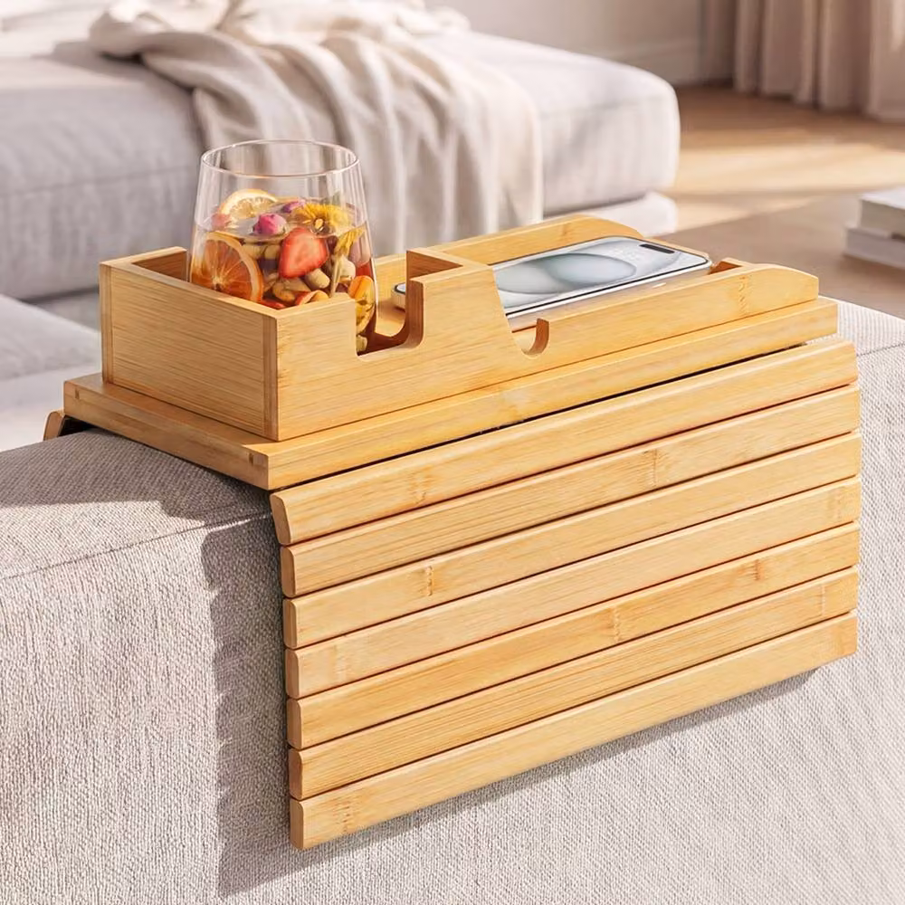 Levede 2-in-1 Bamboo Sofa Arm Tray Table and Couch Armrest Organiser in Natural Brown – 3