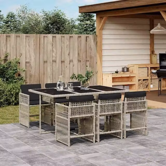 Berkfield Home 7 Piece Grey Poly Rattan Garden Dining Set with Cushions and Glass Top – 1