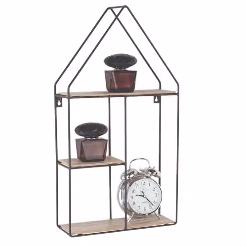 Core Products Loft Wire House Shaped Wall Mounted Display Shelf with Black Metal Frame and Wood Effect Finish, W/D/H: 30 x 10 x 56 cm