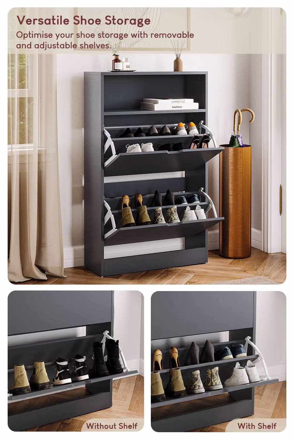 Vida Designs Modern Grey 2 Drawer Shoe Cabinet with Tilting Compartments and Open Shelf Space – 3