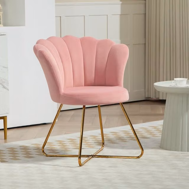 HOMCOM Pink Velvet Accent Chair with Lotus Backrest and Steel Legs
