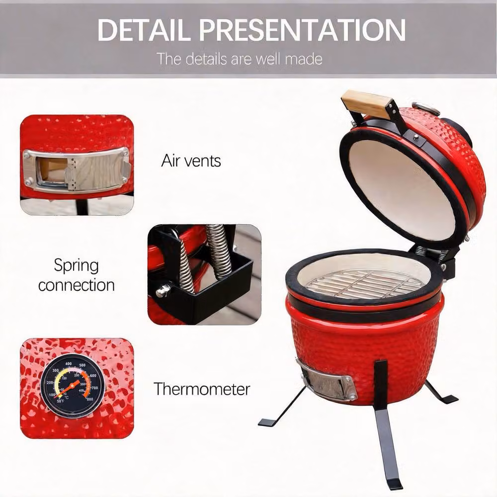 Alivio Ceramic Kamado Charcoal BBQ Grill and Smoker with Thermometer in Red – 2