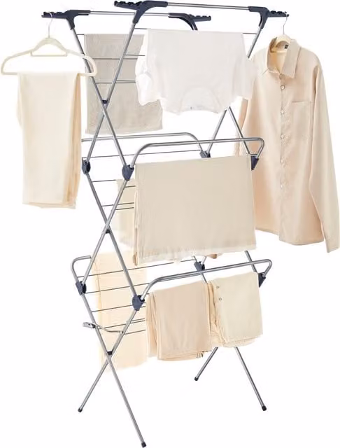 SONGMICS Foldable Metal Clothes Airer with Hooks, Grey