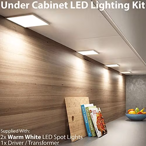 Loops 2 Pack Square LED Under Cabinet Kitchen Light and Driver Kit in Silver with Warm White Light – 2