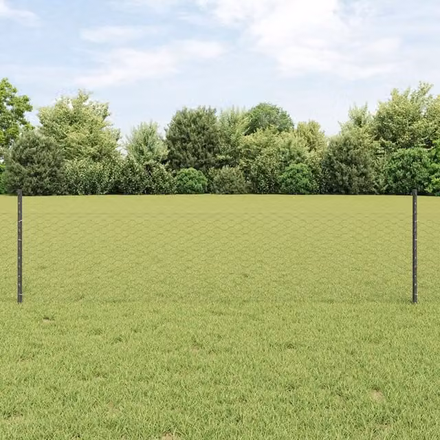 Berkfield Home Grey Steel U-Channel Fence Post Set (11 Pieces) and Hexagon Steel Fence (0.5 x 50 m) – 1