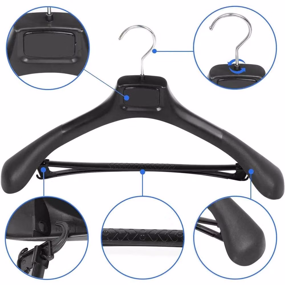 PAWNORA Set of 5 Broad Black Plastic Suit Hangers with Clips and Bar – 2