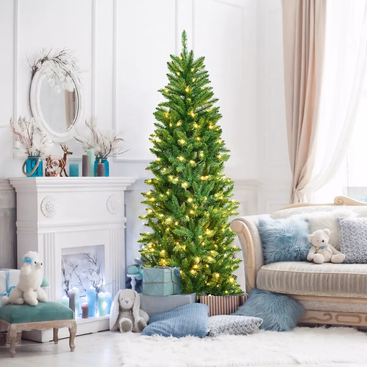 Costway 6ft Pre-Lit Artificial Pencil Christmas Tree with Warm White LED Lights in Green – 2