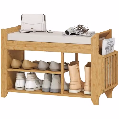 HOMCOM Scandinavian Shoe Bench with Cushioned Seat in Natural and Beige, W/D/H: 80 x 30 x 50 cm – 1