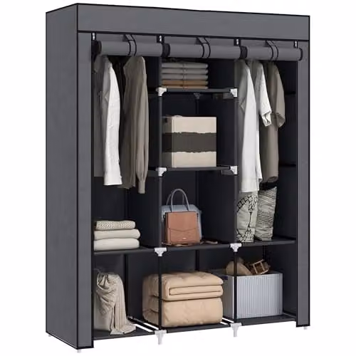 HOMCOM Fabric Wardrobe with Hanging Rod and Internal Shelves, Grey, W/D/H: 125 x 43 x 162.5 cm – 1