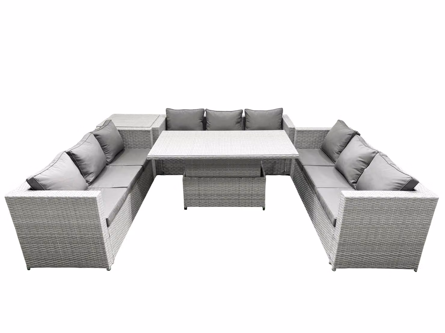 Fimous U-Shape Rattan Garden Furniture Set in Light Grey with Adjustable Lifting Table and Upholstered Cushions – 2