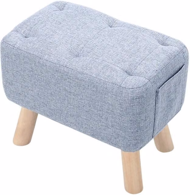 Kelvenix Blue Linen Tufted Footstool Pouffe with Oak Wood Frame