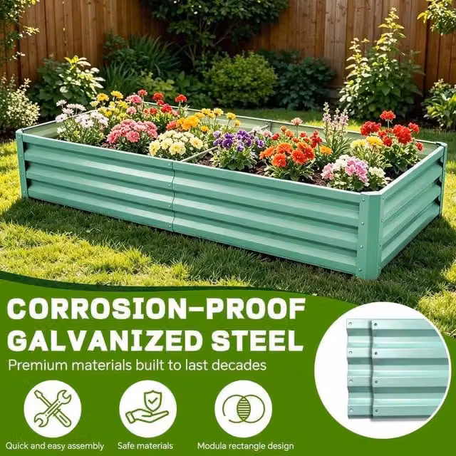 EONLION Green Metal Raised Bed for Vegetables and Herbs, W: 180 cm, D: 90 cm, H: 30 cm