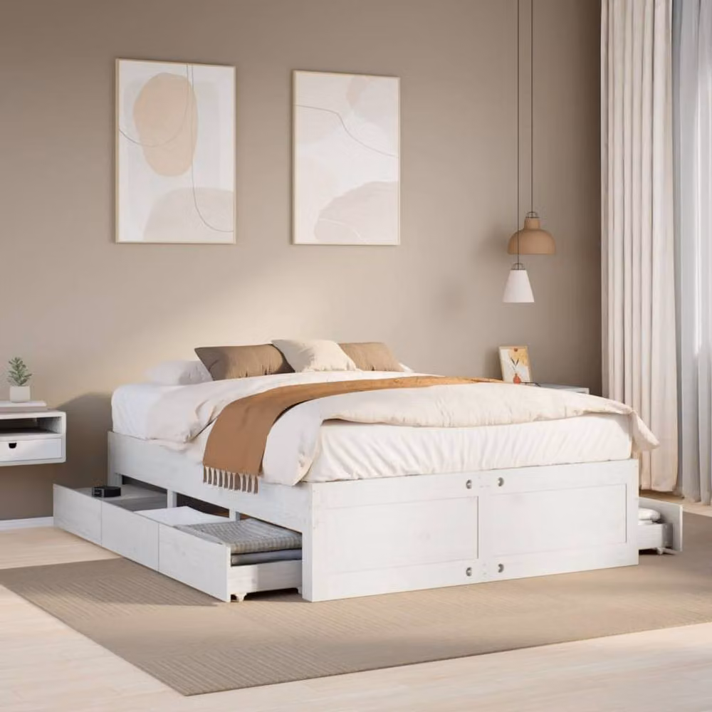 Berkfield Home King Size Solid Wood Pine Bed Frame with Drawers, White, W: 150 cm, L: 200 cm – 2