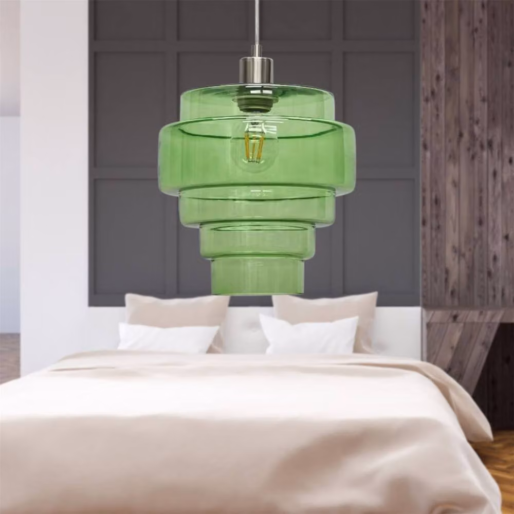 First Choice Lighting Benson Set of 2 Green and Silver 5 Tier Glass and Metal Ceiling Pendant Lights – 3