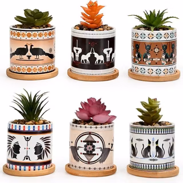 Simpa 6-Piece Egyptian Pattern Ceramic Plant Pots with Bamboo Bases in Multicolour – 1