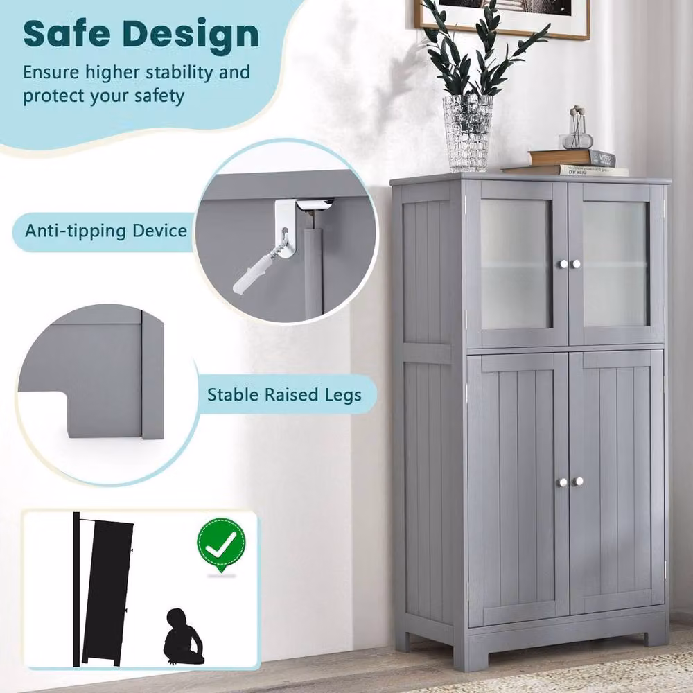 Kelvenix 4-Door Freestanding Bathroom Storage Cabinet in Grey with Glass Doors – 4