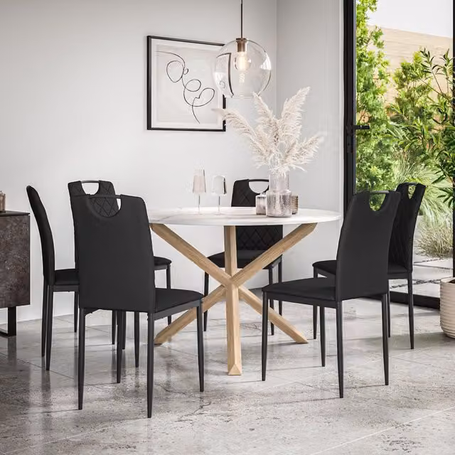 More4Homes Malvern Round Dining Table and 6 Monza Faux Leather Chairs Set, Marble Top with Solid Oak Legs, Black and White