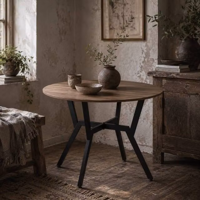 Wyld Haus Doveno Round Dining Table with Brown Wood Effect Top and Black Metal Frame, Diameter: 90 cm, Height: 76 cm